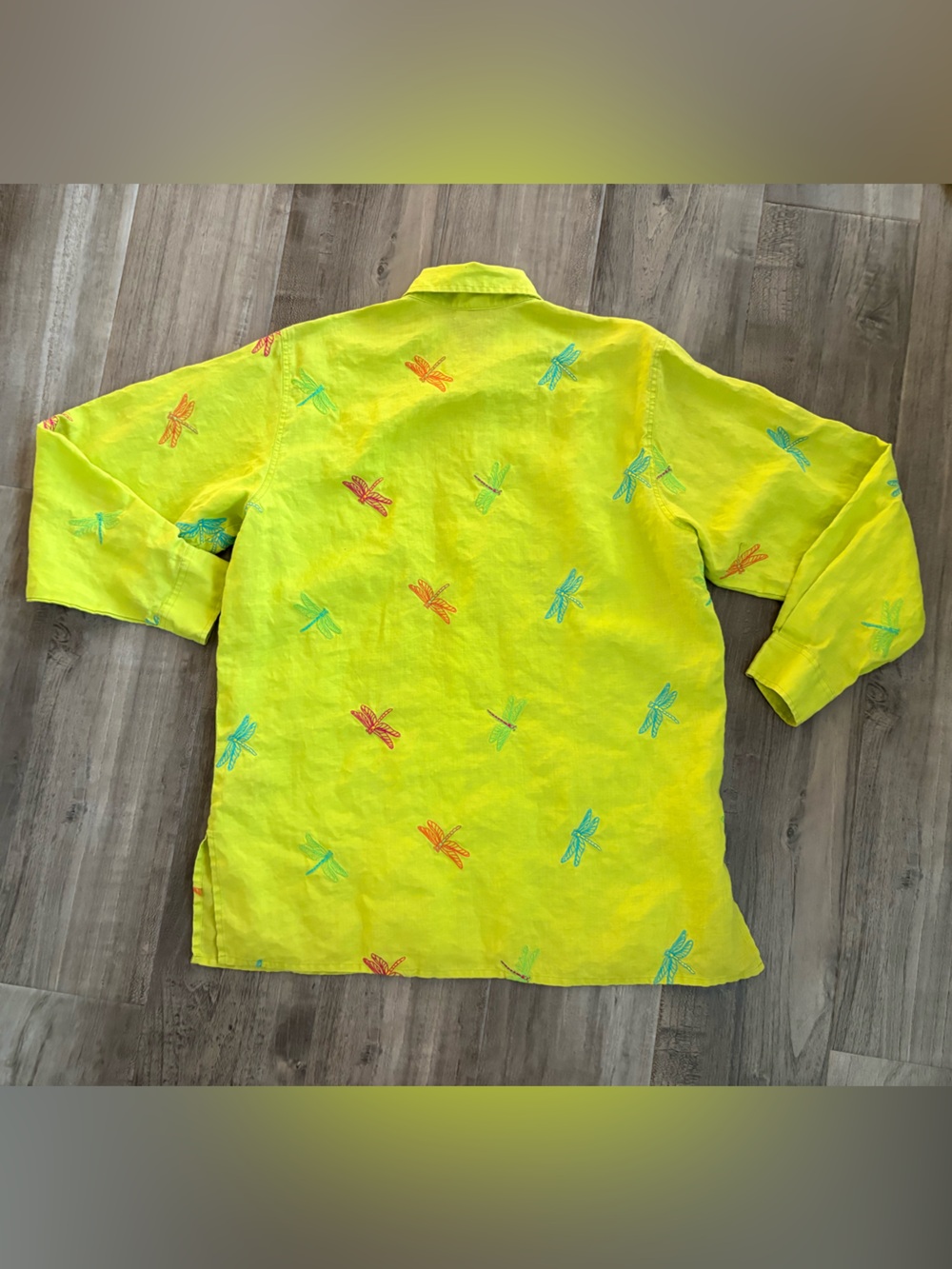 Vintage Casey Coleman Lime Green Dragonfly Linen Blouse Size M - Picture 6 of 7